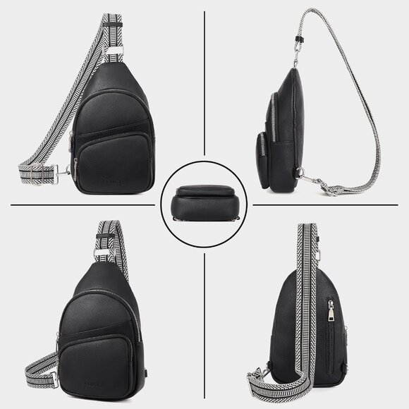 ? Women Black Leather Fanny Pack Small Vegan Chest Guitar Strap Crossbody Bag main image 5